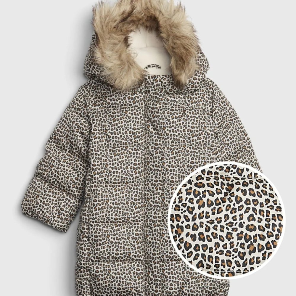 NEW Gap Toddler Leopard ColdControl Ultra Max Long Puffer Jacket Coat Faux Fur